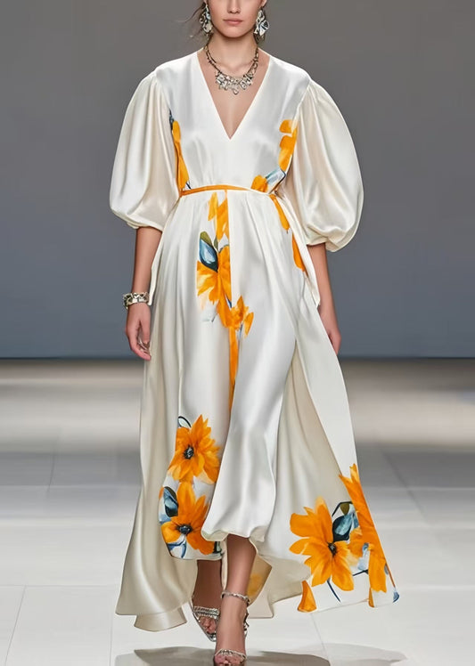 Boho White Puff Sleeve Floral Print Silk Maxi Dresses