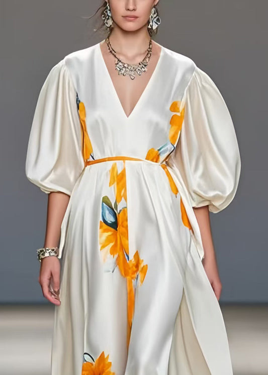 Boho White Puff Sleeve Floral Print Silk Maxi Dresses