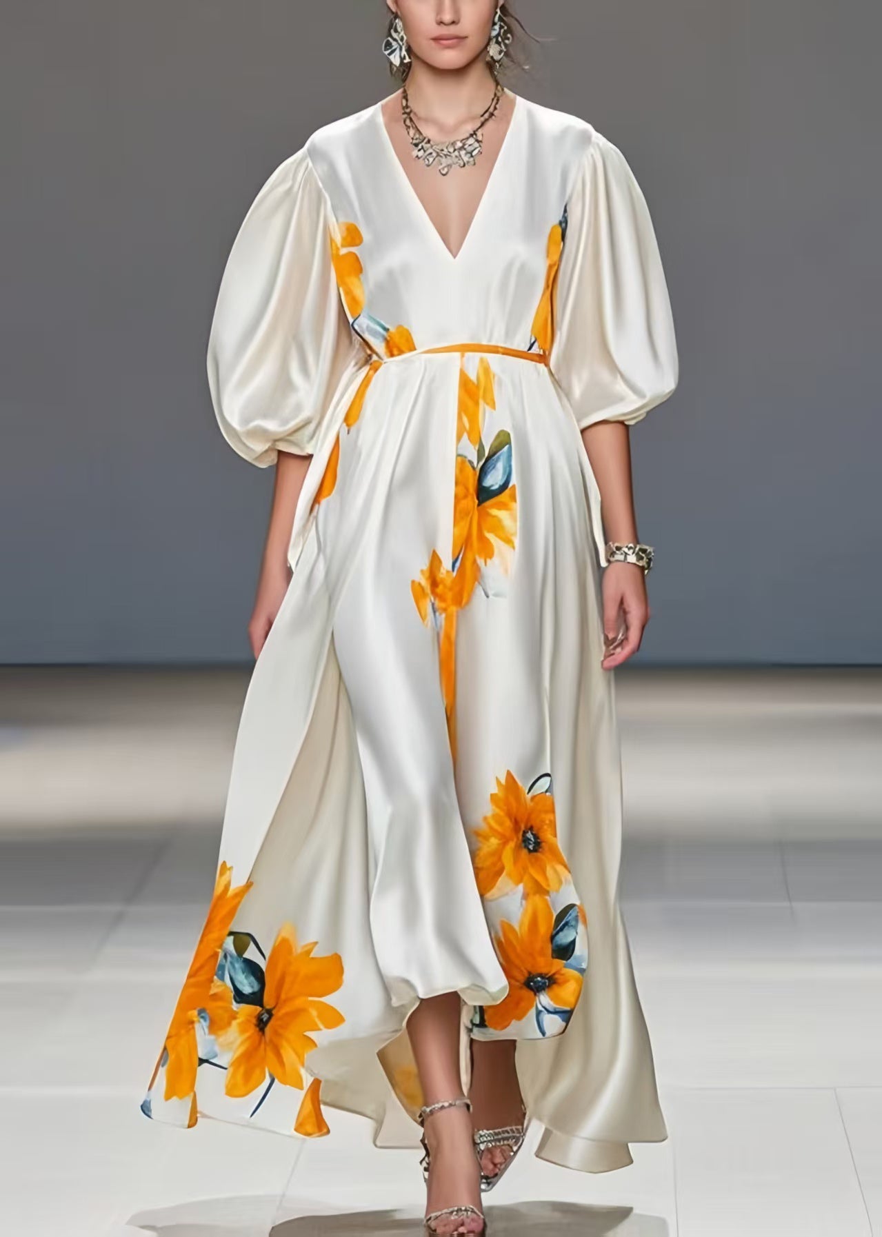 Boho White Puff Sleeve Floral Print Silk Maxi Dresses