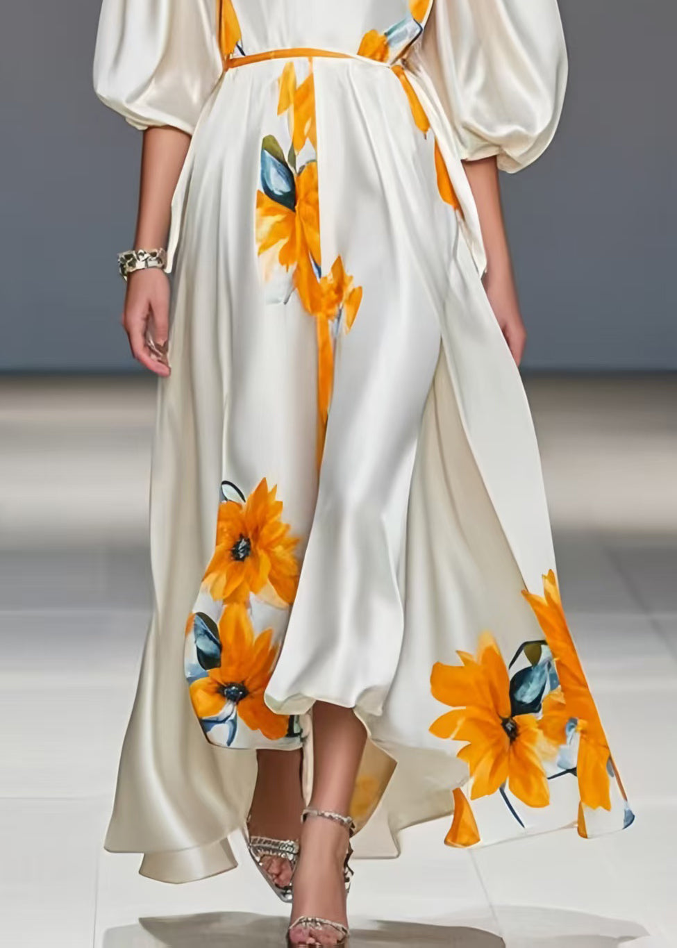 Boho White Puff Sleeve Floral Print Silk Maxi Dresses