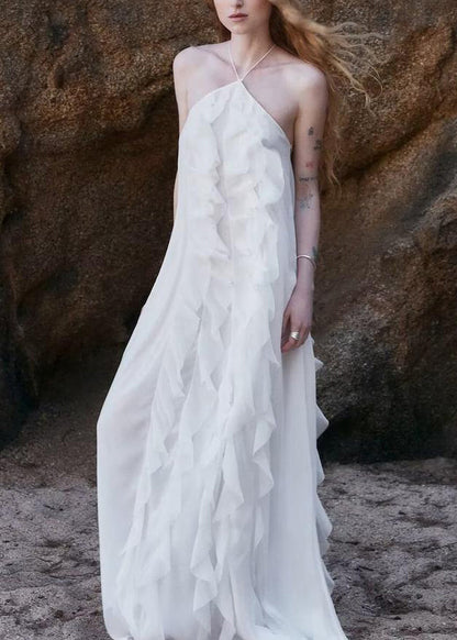 Boho White Ruffled Backless Lace Up Chiffon Maxi Dress Sleeveless