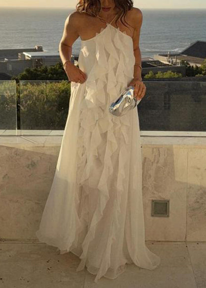 Boho White Ruffled Backless Lace Up Chiffon Maxi Dress Sleeveless