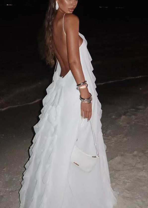 Boho White Ruffled Backless Lace Up Chiffon Maxi Dress Sleeveless