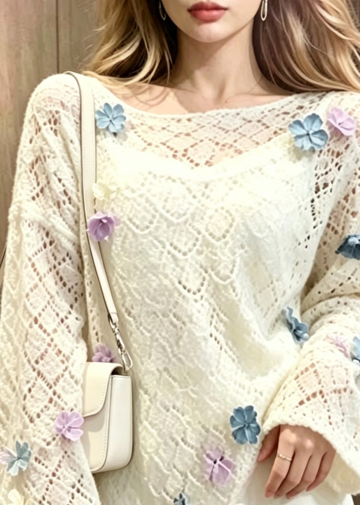 Boho White Sculptural Floral Hollow Out Knit Sweaters Fall