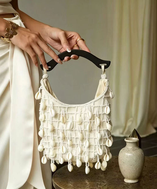 Boho White Shell Pearl Tassel Weave Tote