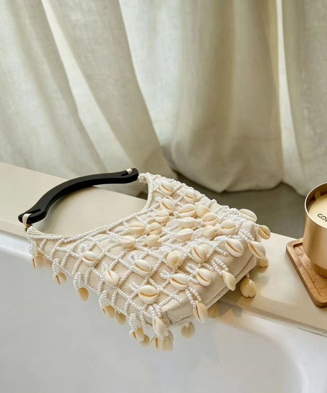 Boho White Shell Pearl Tassel Weave Tote