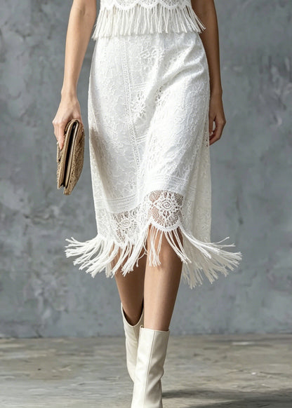 Boho White Tasseled Patchwork Lace Maxi Dress Summer