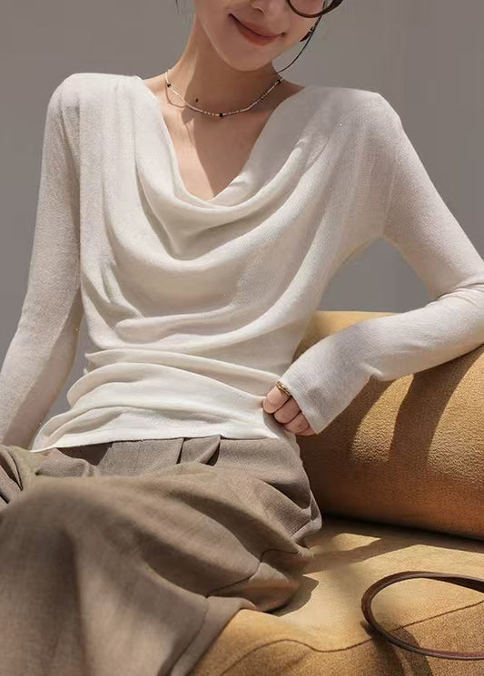 Boho White Turtle Neck Wool Knit Blouse Top Spring