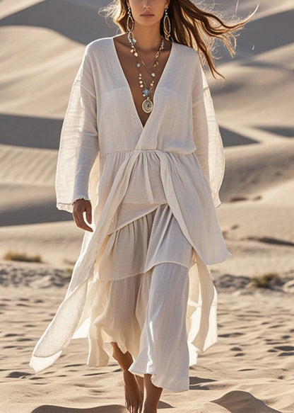 Boho White V Neck Asymmetrical Design Cotton Dress Spring