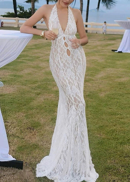 Boho White V Neck Hollow Out Lace Ankle Dress Sleeveless