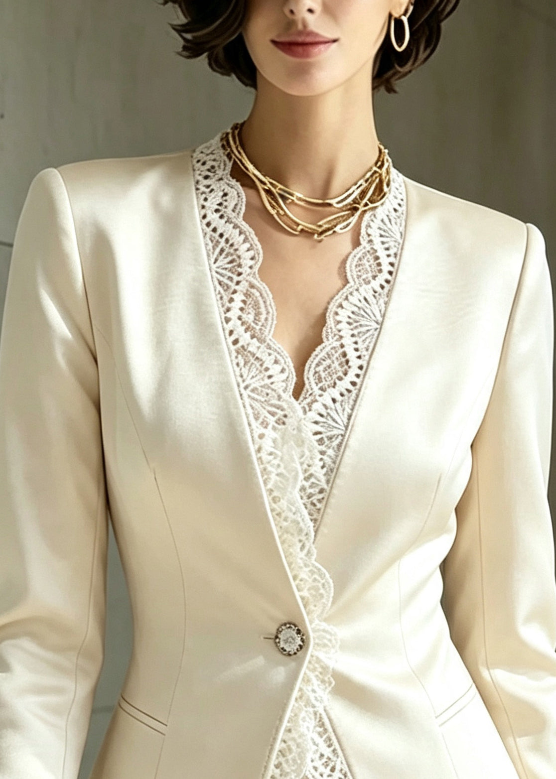 Boho White V Neck Patchwork Lace Satin Coats Fall