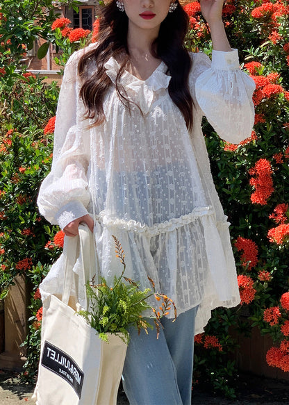 Boho White V Neck Ruffled Cotton Mini Dresses Fall