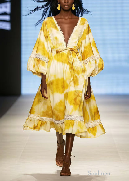 Boho Yellow Deep-V Neck Tie Dye Chiffon Dress Lantern Sleeve