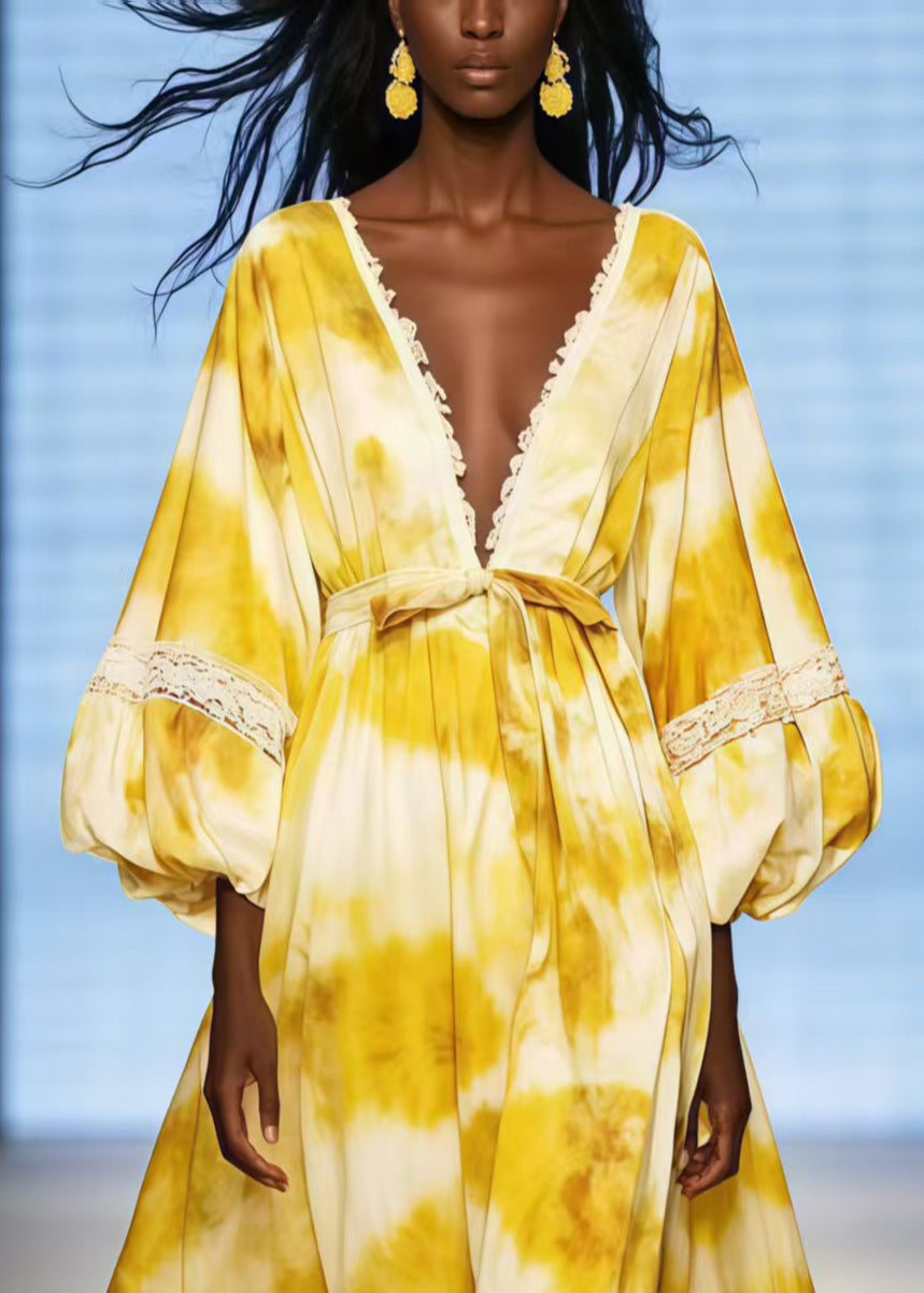 Boho Yellow Deep-V Neck Tie Dye Chiffon Dress Lantern Sleeve