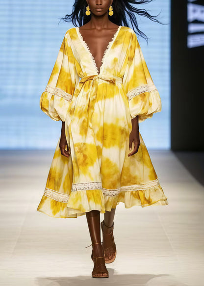 Boho Yellow Deep-V Neck Tie Dye Chiffon Dress Lantern Sleeve