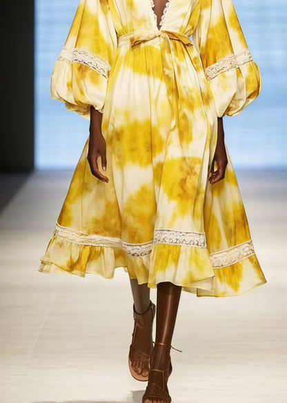 Boho Yellow Deep-V Neck Tie Dye Chiffon Dress Lantern Sleeve
