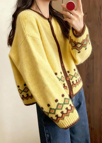 Boho Yellow Embroidered Chunky Knit Cardigans Winter