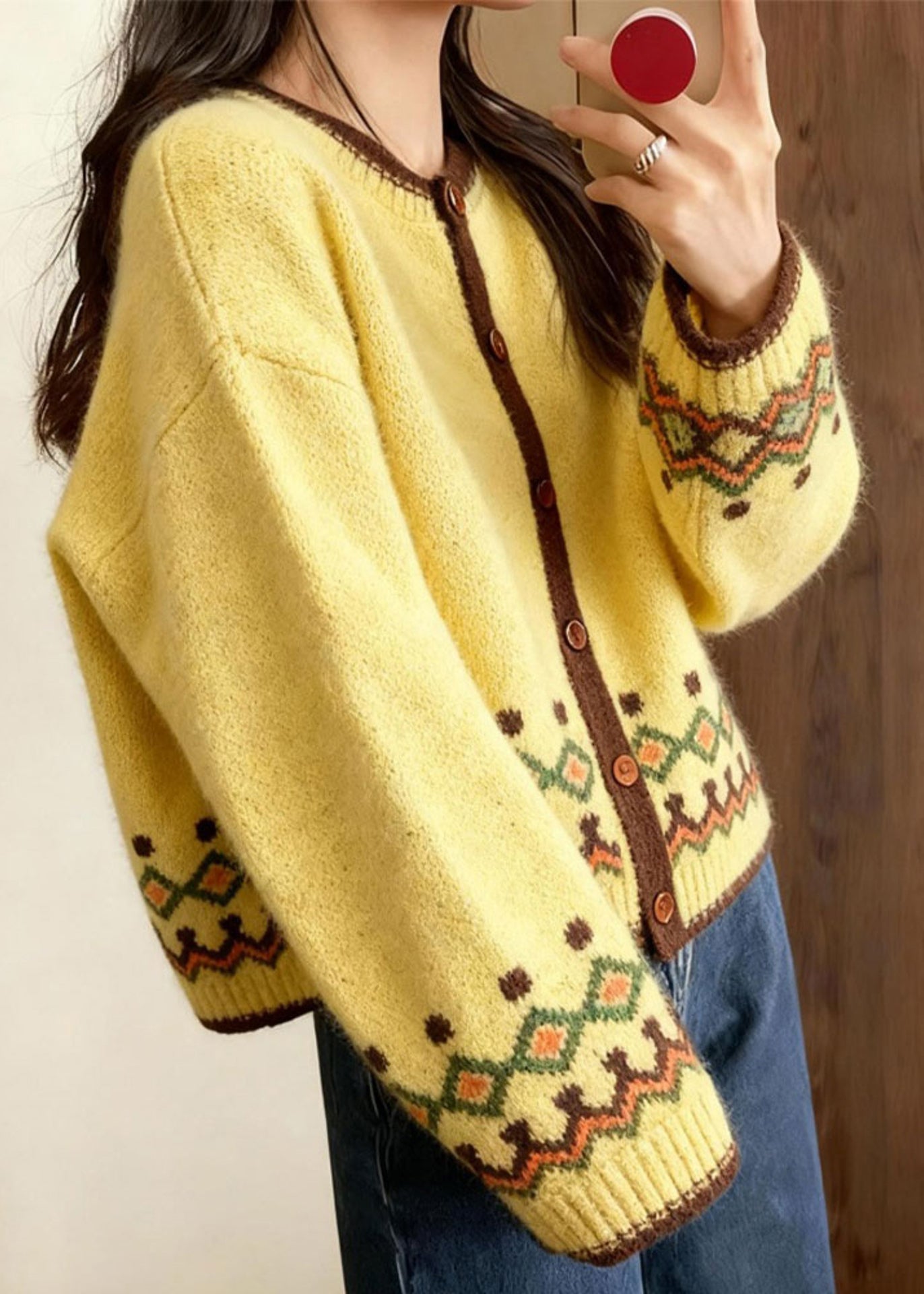 Boho Yellow Embroidered Chunky Knit Cardigans Winter