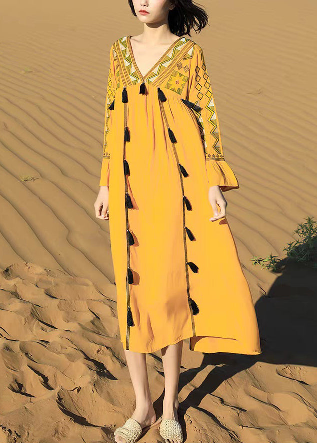 Boho Yellow Embroidered Tasseled Patchwork Cotton Dress Fall