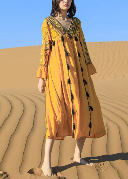 Boho Yellow Embroidered Tasseled Patchwork Cotton Dress Fall