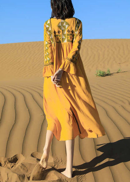 Boho Yellow Embroidered Tasseled Patchwork Cotton Dress Fall