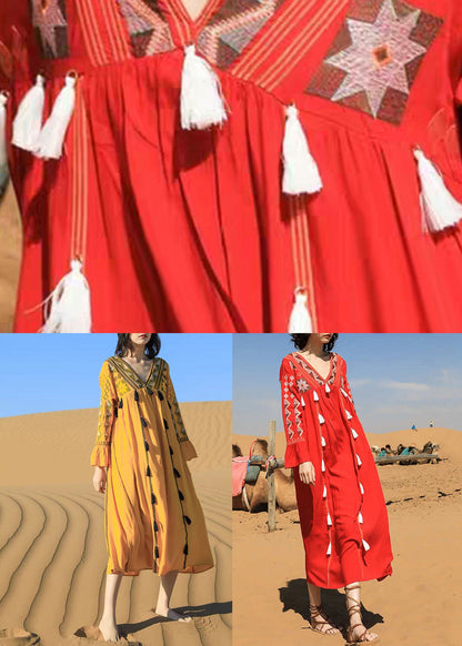 Boho Yellow Embroidered Tasseled Patchwork Cotton Dress Fall