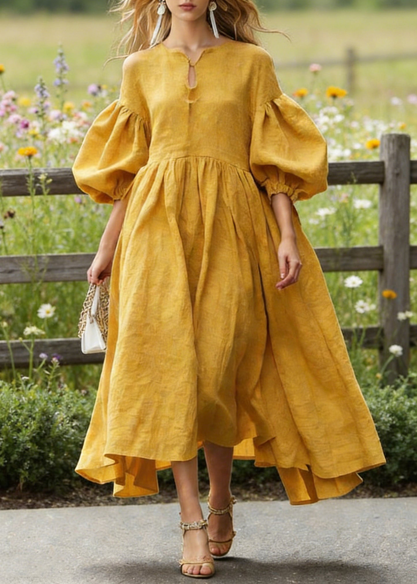 Boho Yellow Exra Large Hem Cotton Maxi Dresses Lantern Sleeve