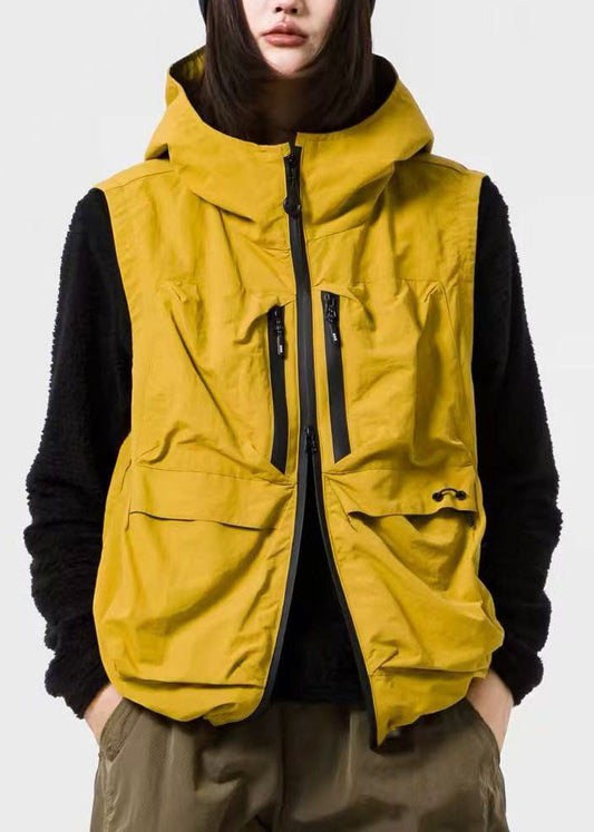 Boho Yellow Hooded Zippered Drawstring Vests Fall