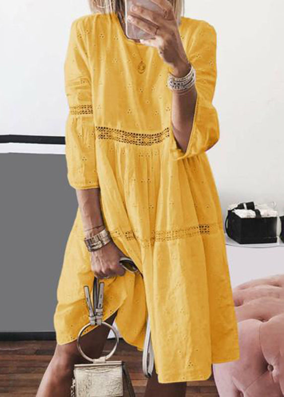 Boho Yellow O-Neck Hollow Out Long Dresses Bracelet Sleeve