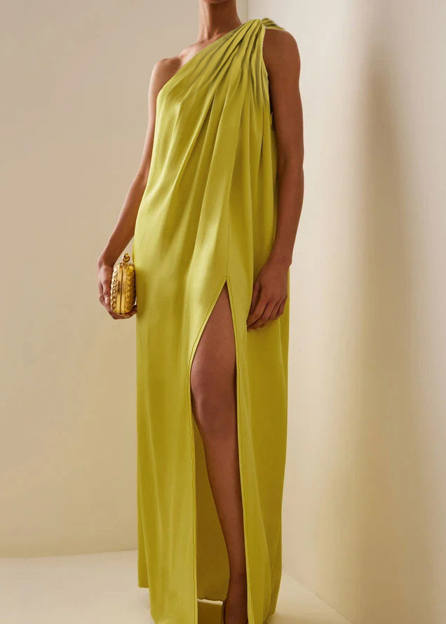 Boho Yellow One Shoulder Asymmetrical Wrinkled Maxi Dresses Summer
