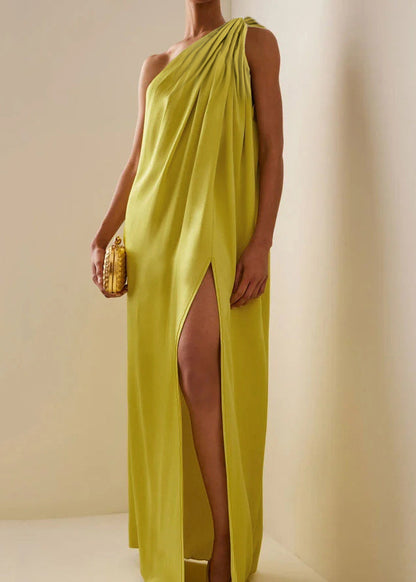 Boho Yellow One Shoulder Asymmetrical Wrinkled Maxi Dresses Summer