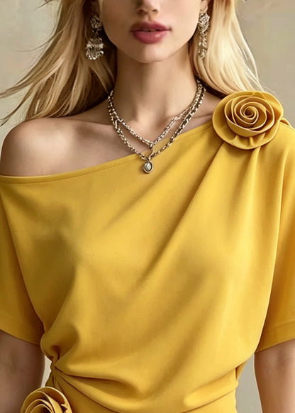 Boho Yellow One Shoulder Floral Cotton Shirt Tops Summer