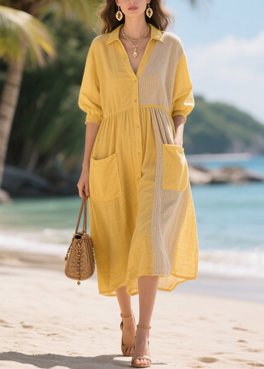 Boho Yellow Oversized Patchwork Cotton Dresses Summer