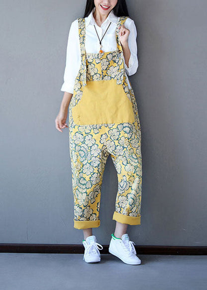 Boho Yellow Patchwork Print Denim Jumpsuit Spring