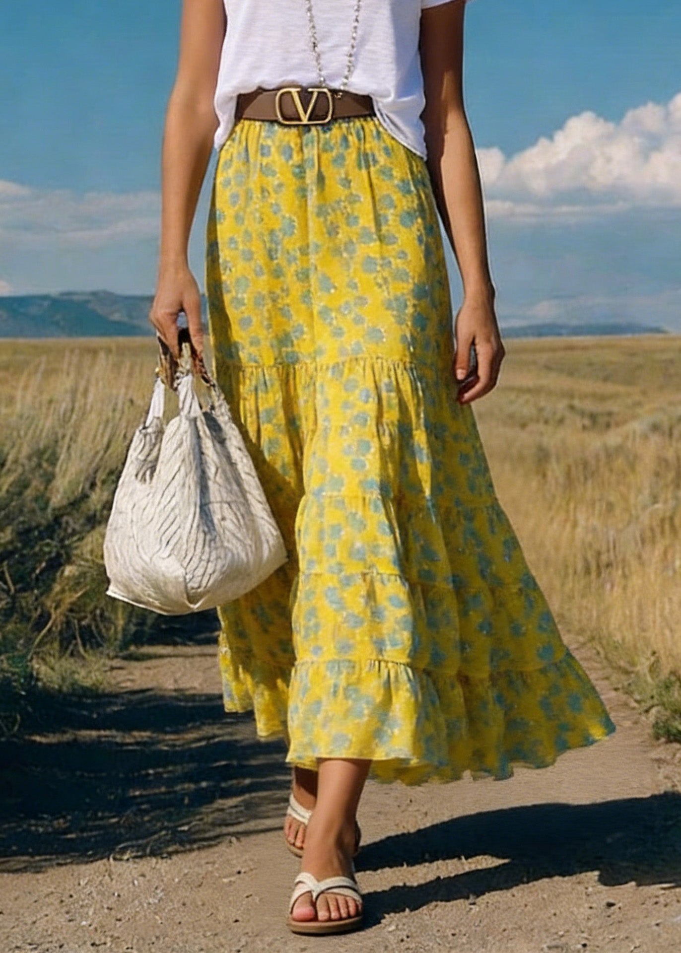 Boho Yellow Print Wrinkled Chiffon Skirts Summer