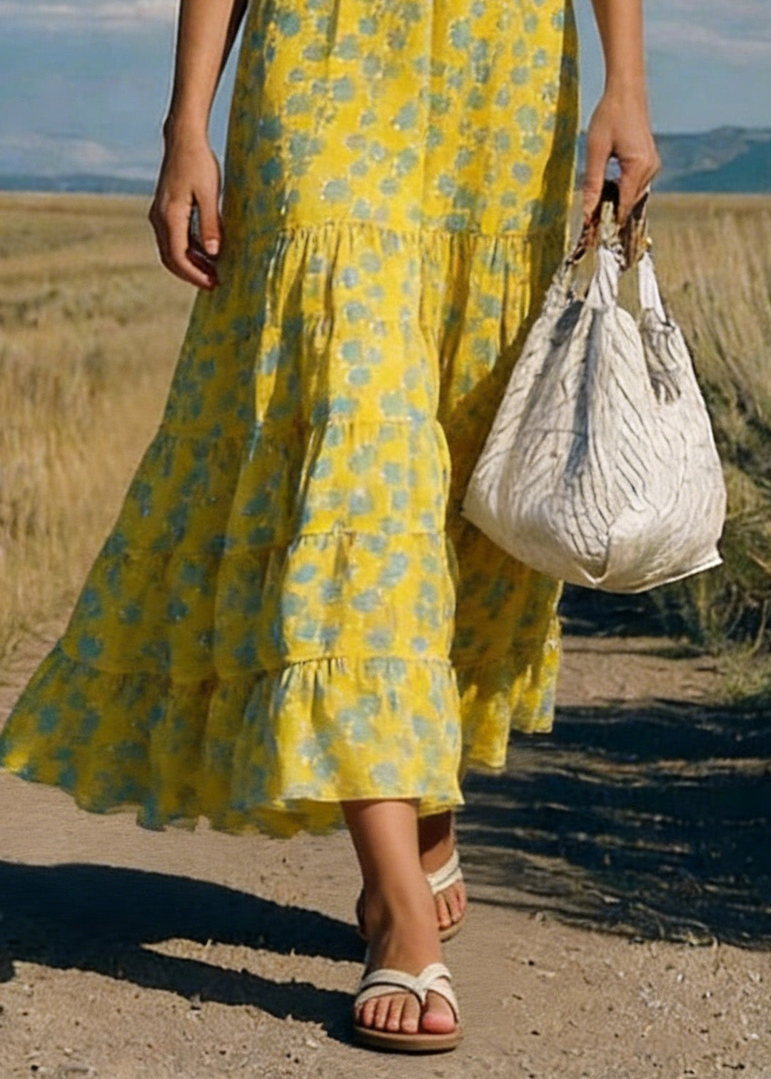 Boho Yellow Print Wrinkled Chiffon Skirts Summer