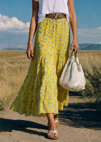 Boho Yellow Print Wrinkled Chiffon Skirts Summer