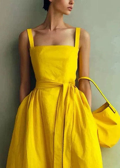 Boho Yellow Tie Waist Exra Large Hem Cotton Dresses Summer