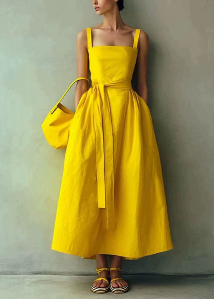 Boho Yellow Tie Waist Exra Large Hem Cotton Dresses Summer