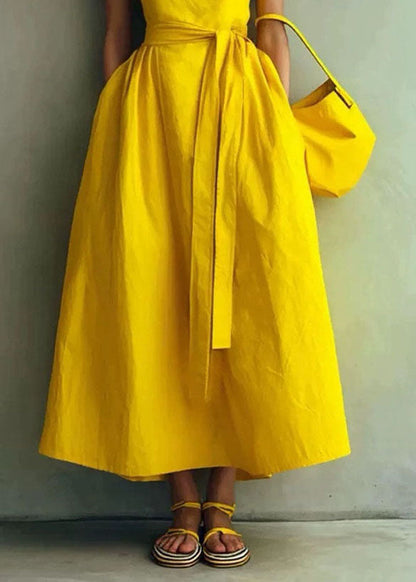 Boho Yellow Tie Waist Exra Large Hem Cotton Dresses Summer
