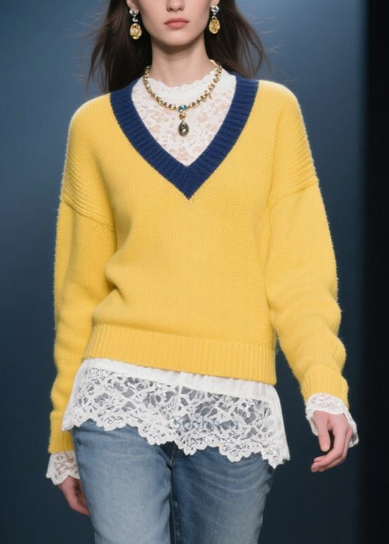Boho Yellow V Neck Warm Knitted Tops Winter