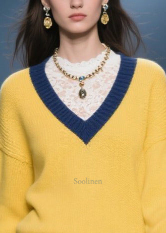 Boho Yellow V Neck Warm Knitted Tops Winter