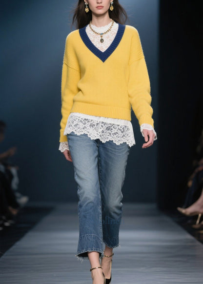 Boho Yellow V Neck Warm Knitted Tops Winter