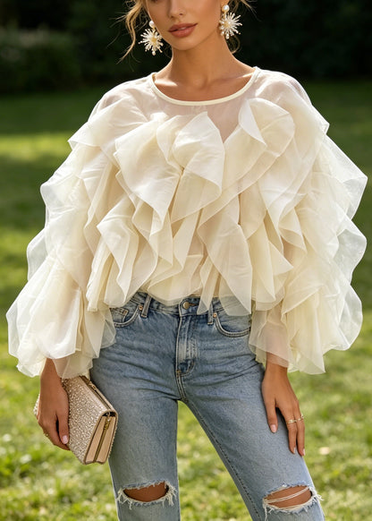 Boutique Apricot O Neck Ruffled Patchwork Chiffon Top Long Sleeve