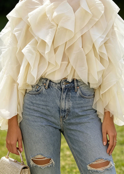Boutique Apricot O Neck Ruffled Patchwork Chiffon Top Long Sleeve