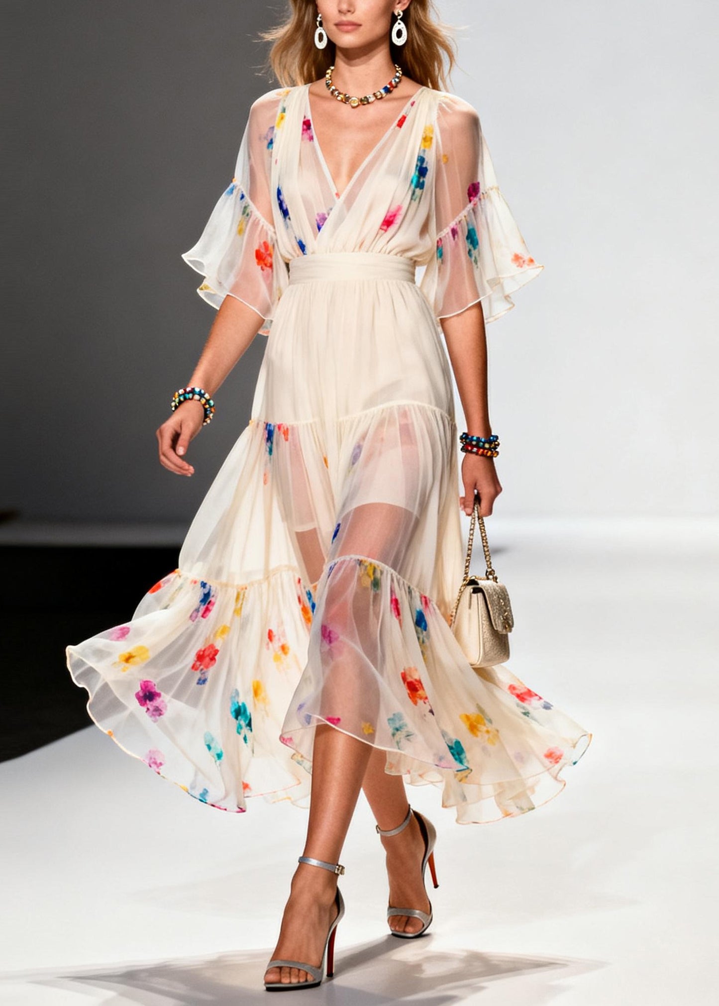 Boutique Apricot Print Chiffon Tunic Dresses Summer
