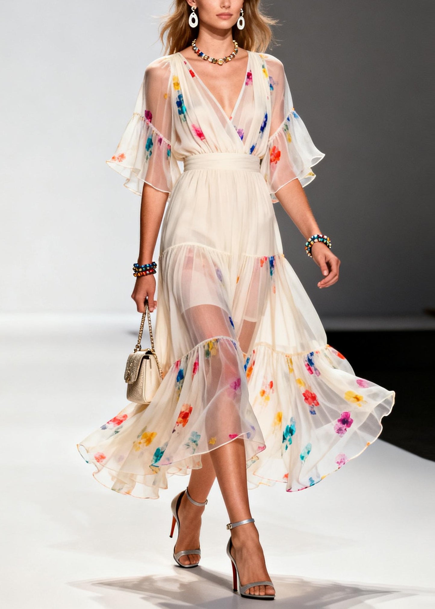 Boutique Apricot Print Chiffon Tunic Dresses Summer
