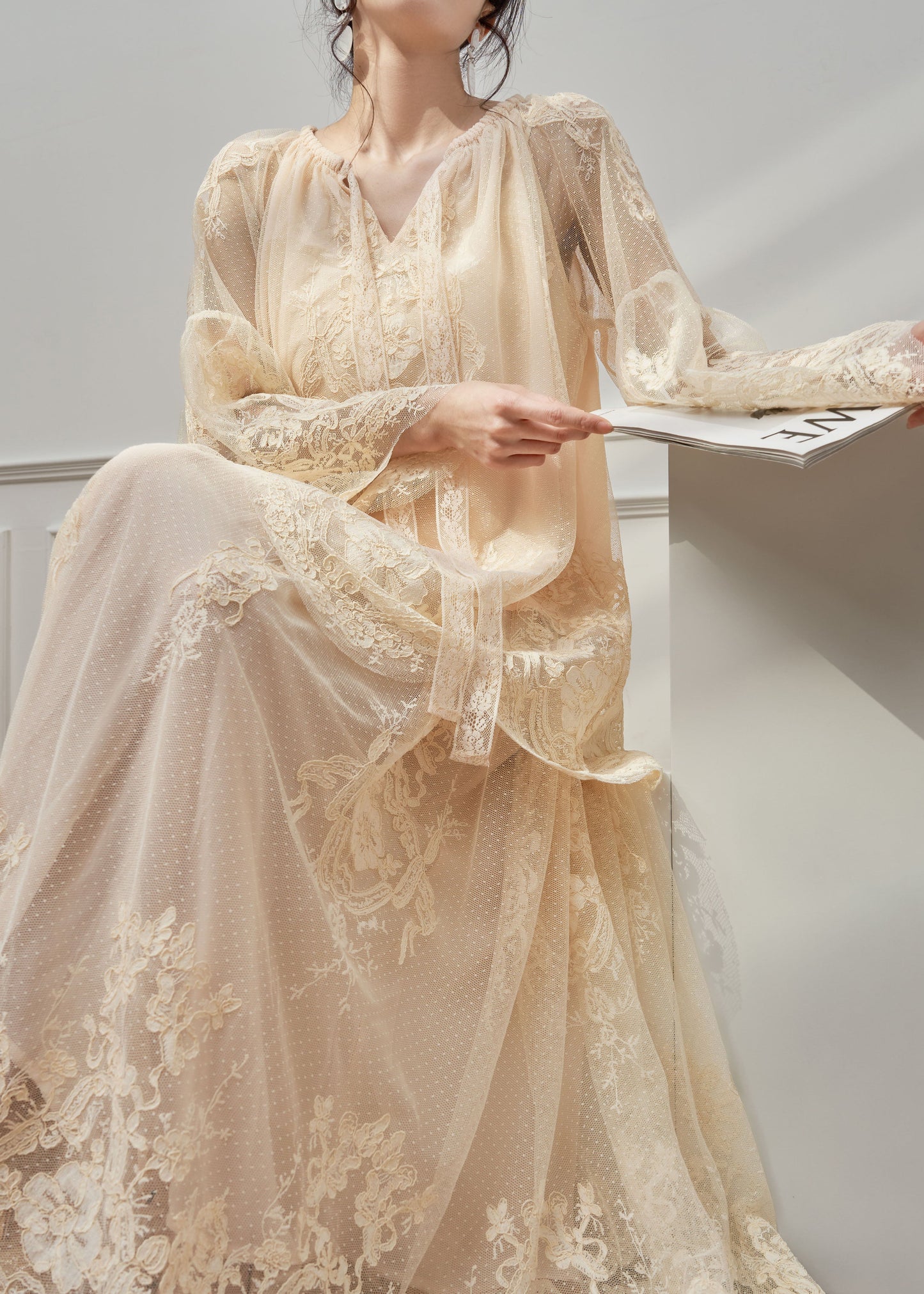 Boutique Apricot V Neck Lace Top And Skirts Set Spring