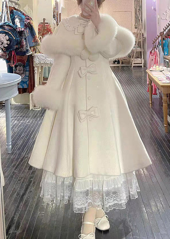 Boutique Beige Bow Cape And Long Coats Woolen Two Pieces Set Winter