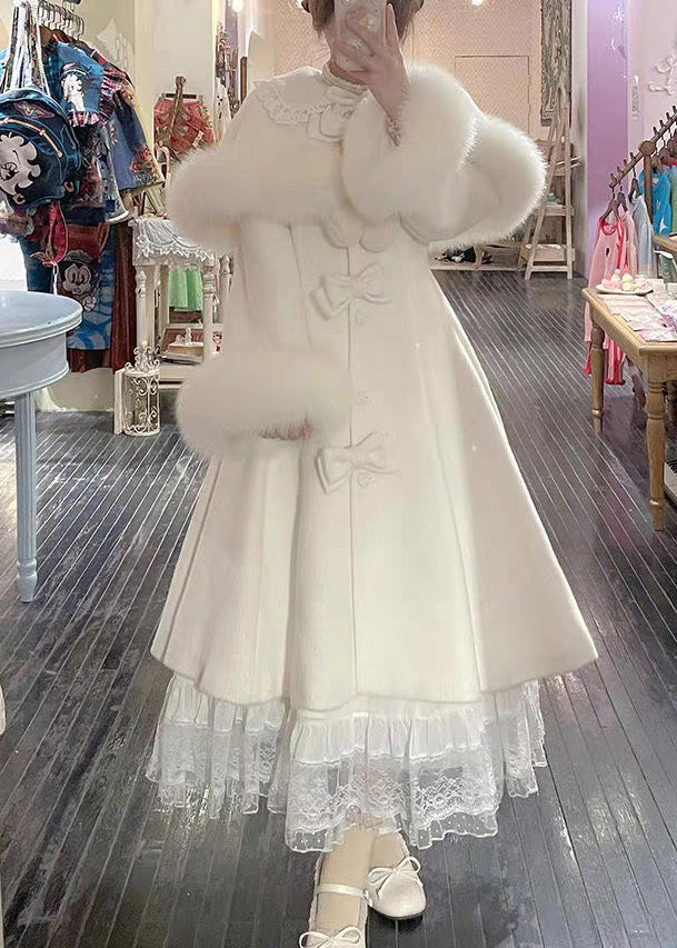 Boutique Beige Bow Cape And Long Coats Woolen Two Pieces Set Winter